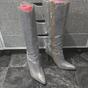 Silver Sequin Knee-High Boots